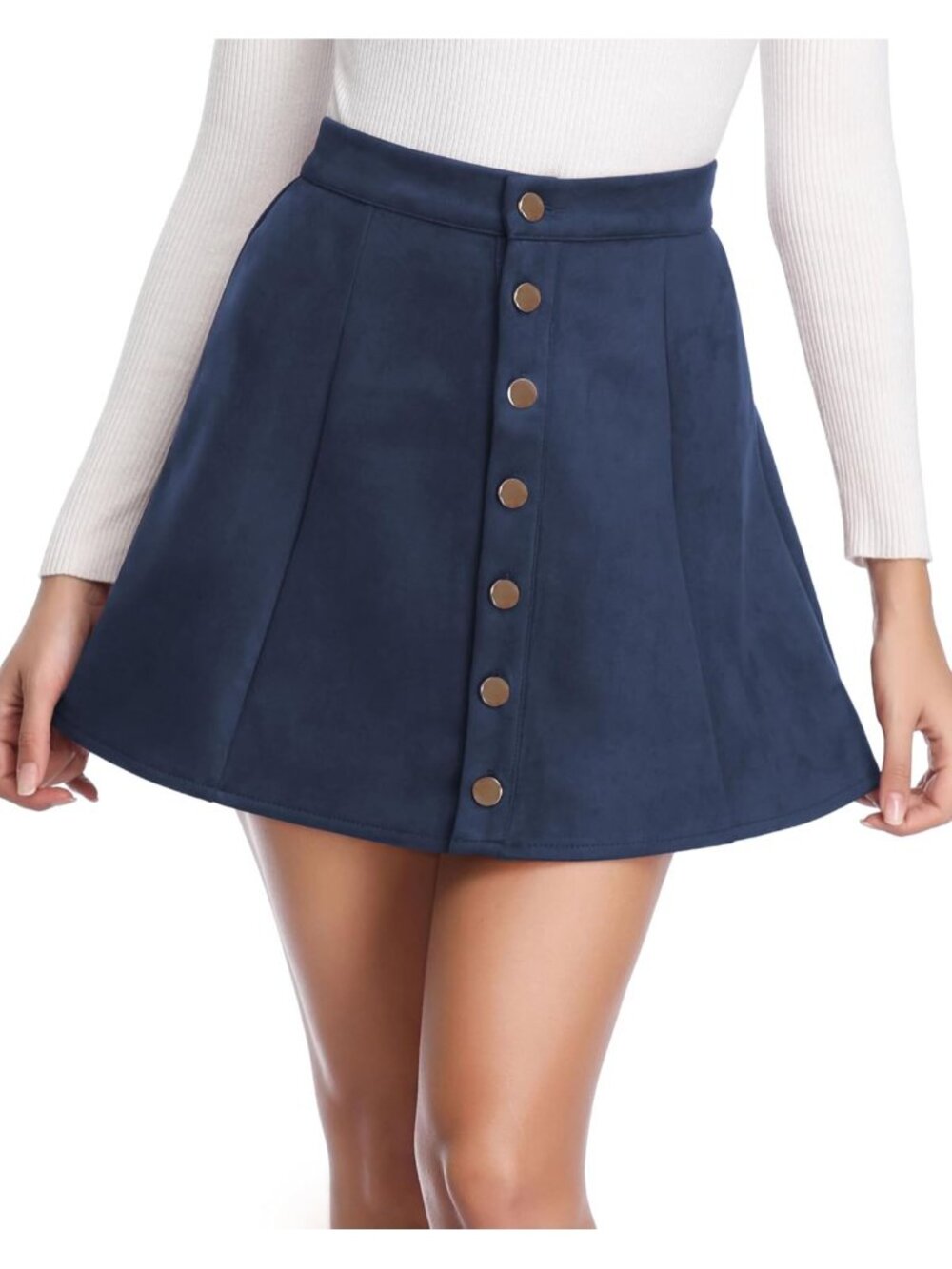 Women's Blue Faux Suede Button Front High Waist A-Line Flare Short Mini Skirt